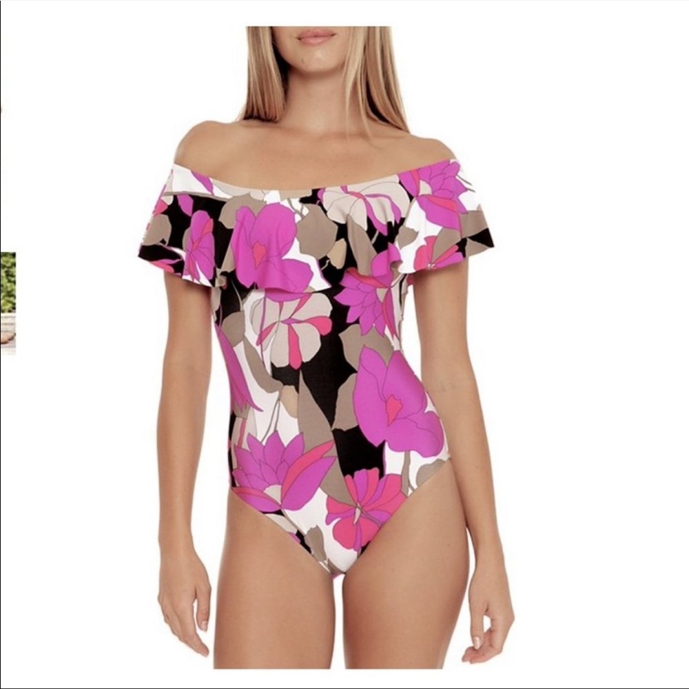 Trina Turk Lynx Ruffle Off The Shoulder Suit, NWT